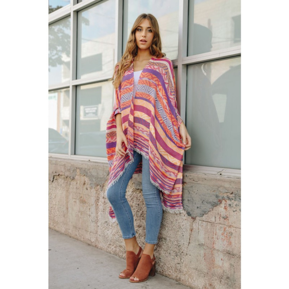Boho Aztec Stripe Pink Purple Jacquard Summer Poncho Ruana with Fringe ONE SIZE - Picture 2 of 4
